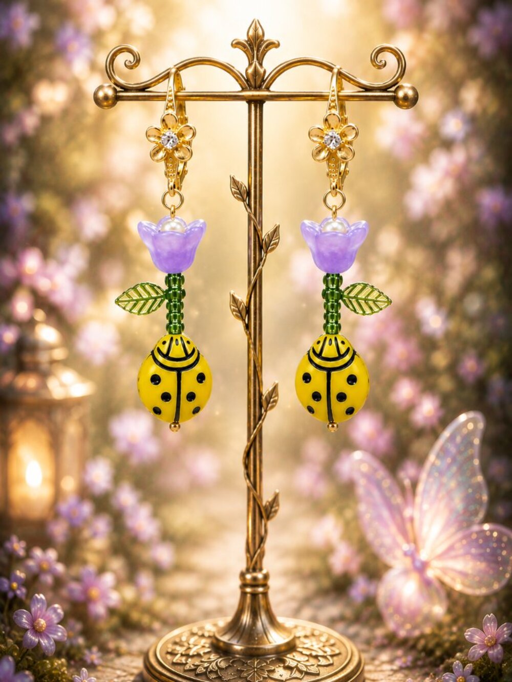 Gold Floral Drop Earrings with Purple Flower & Yellow Ladybug Freshwater Pearls